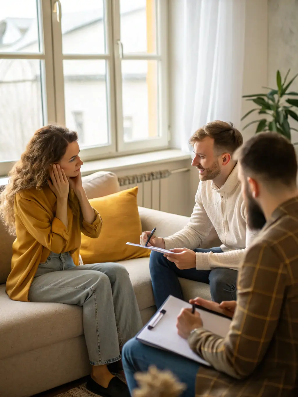 A person in a coaching session, actively listening and providing feedback, emphasizing emotional intelligence and communication skills.