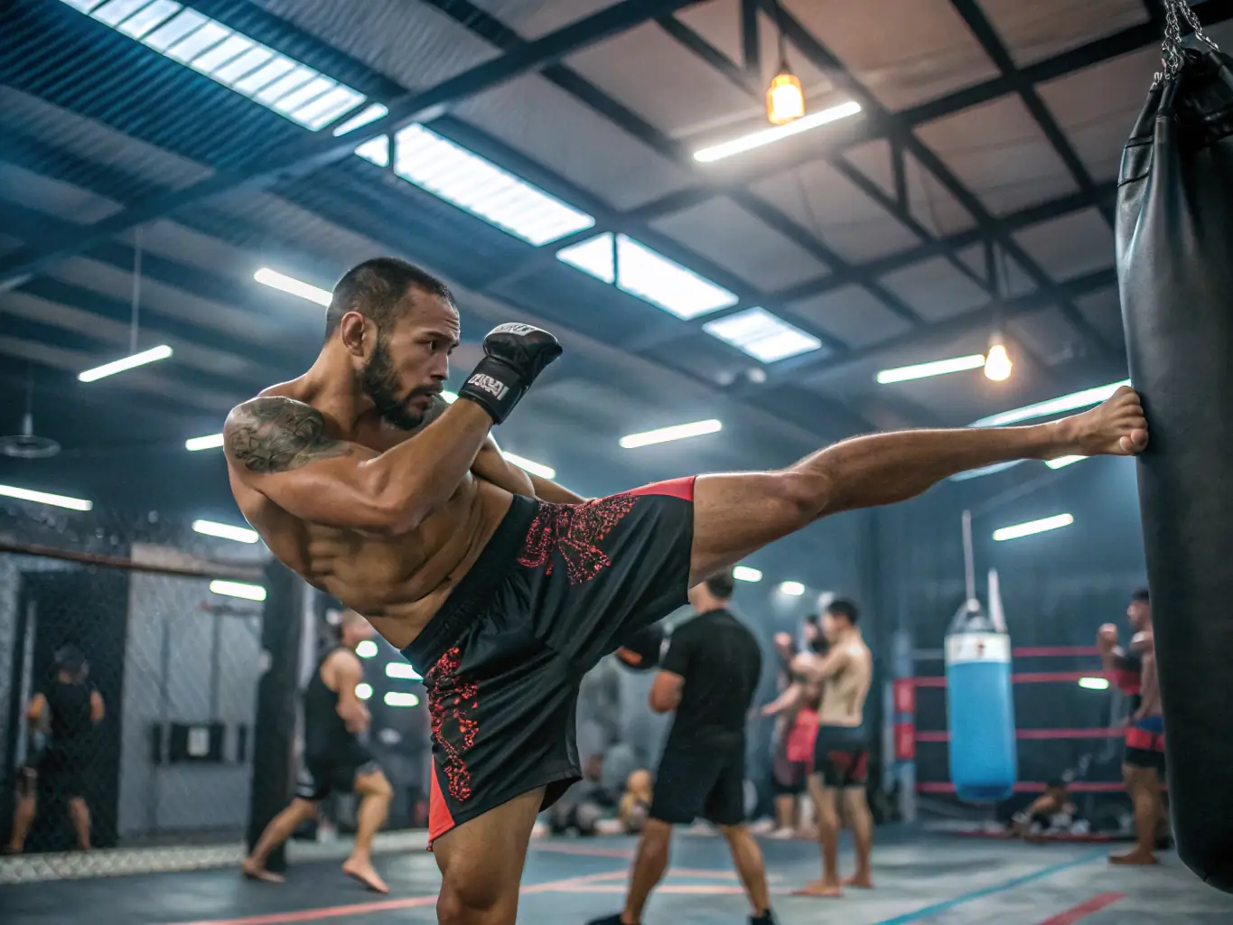 An action-packed image of an intermediate Muay Thai fighter executing a combination of punches and kicks during a sparring session. The fighter is displaying improved speed, power, and agility, and the image captures the intensity and excitement of intermediate-level training.