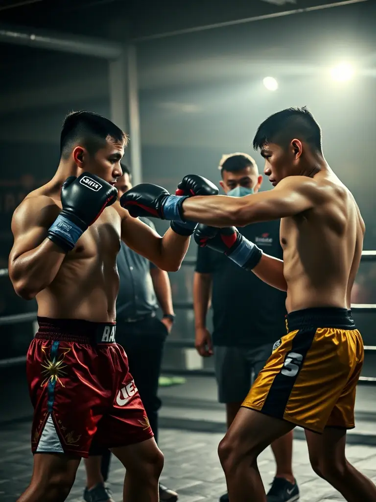 A Muay Thai fighter in action, demonstrating physical precision, balance, and focus, showcasing the performance aspect of the brand.