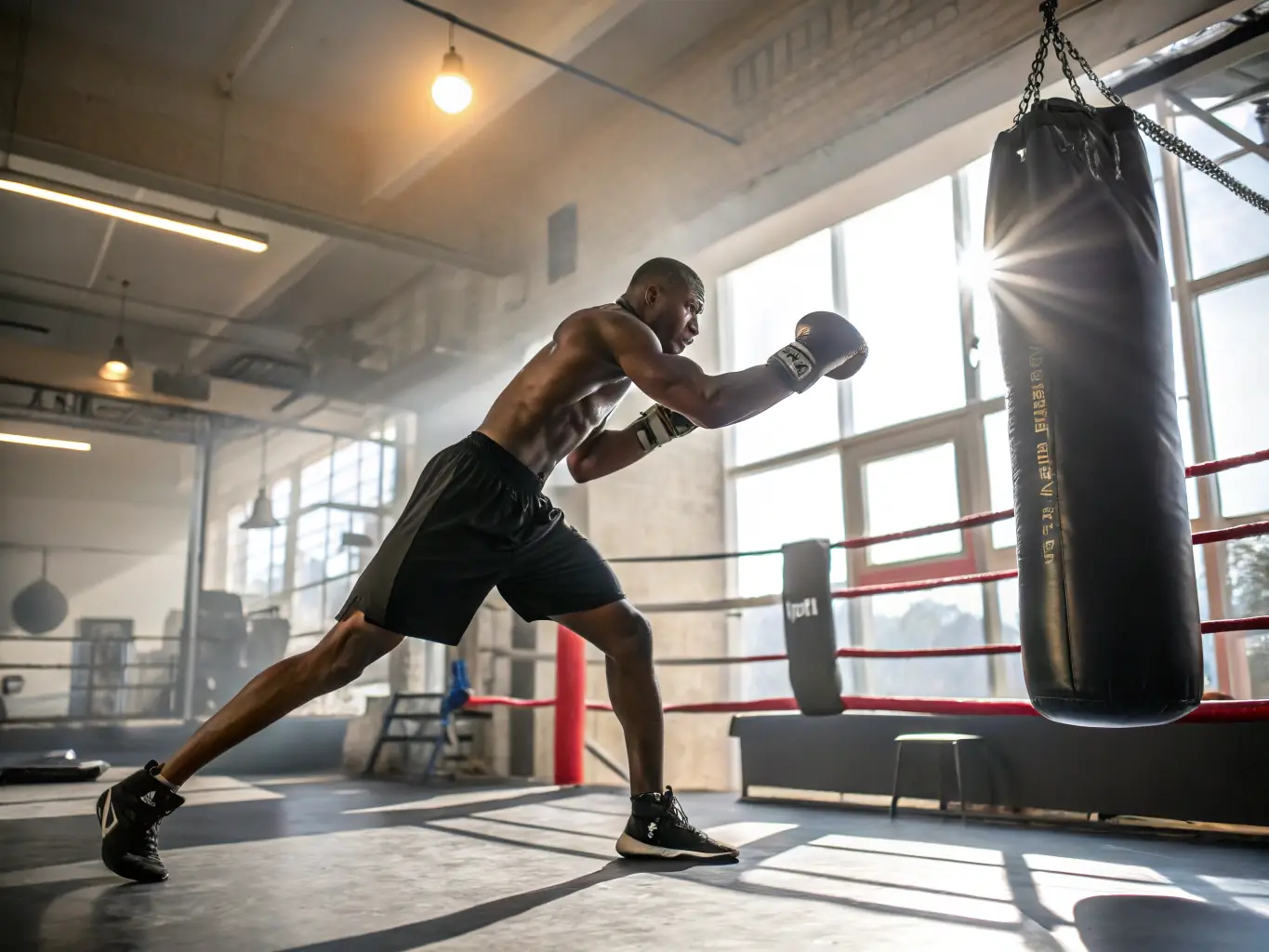 A dynamic image showcasing a beginner Muay Thai student practicing basic stances and punches in a well-lit gym, emphasizing proper form and technique. The student is wearing Gafave branded training gear, and the overall atmosphere is encouraging and supportive.